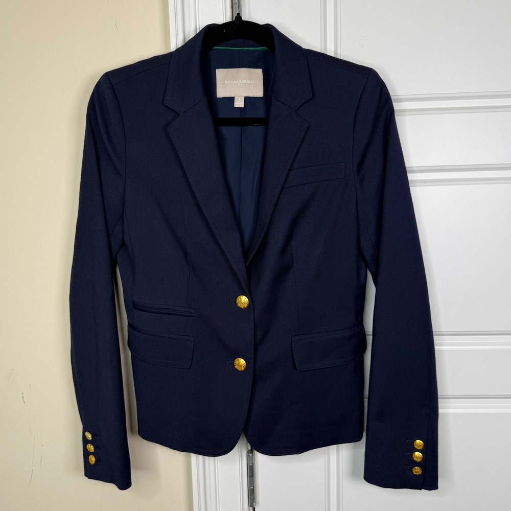 Banana Republic Blazer Womens 4 Navy Blue Gold Button Tailored Career office